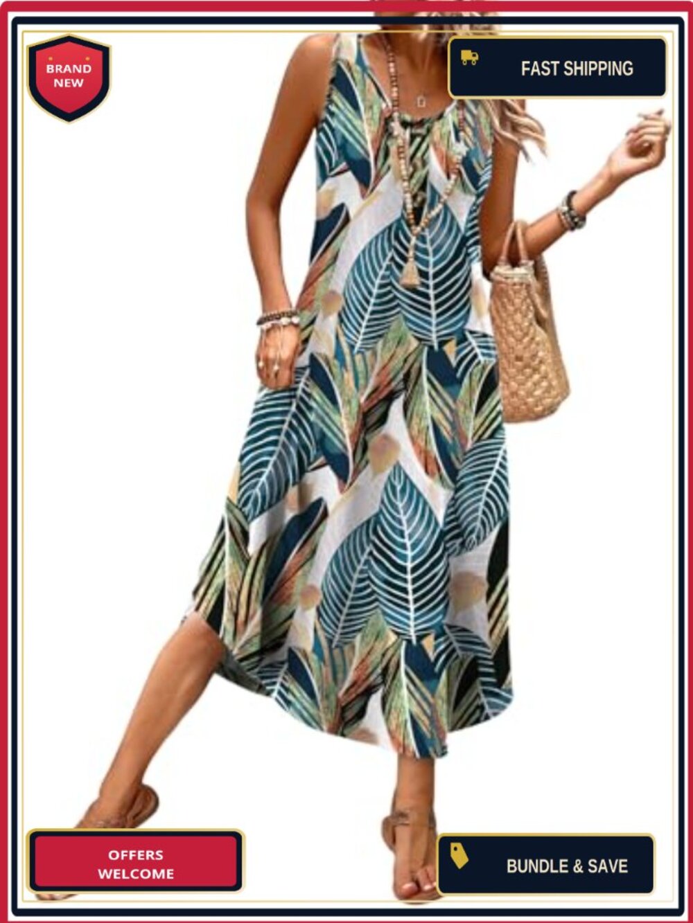 Women's Sleeveless Button Front Midi Beach Vacation Sundress with Pockets